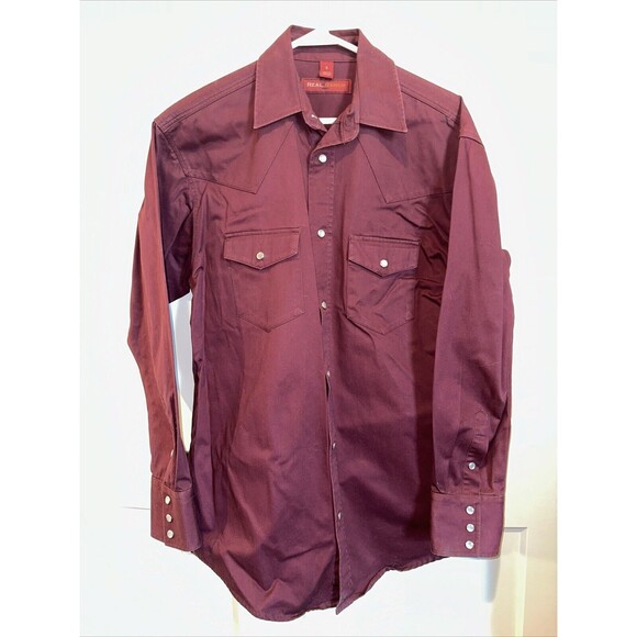 Real Ranch Men's Burgandy Thick Twill Western Work Shirt Small Pearl Snap EUC - Picture 1 of 6